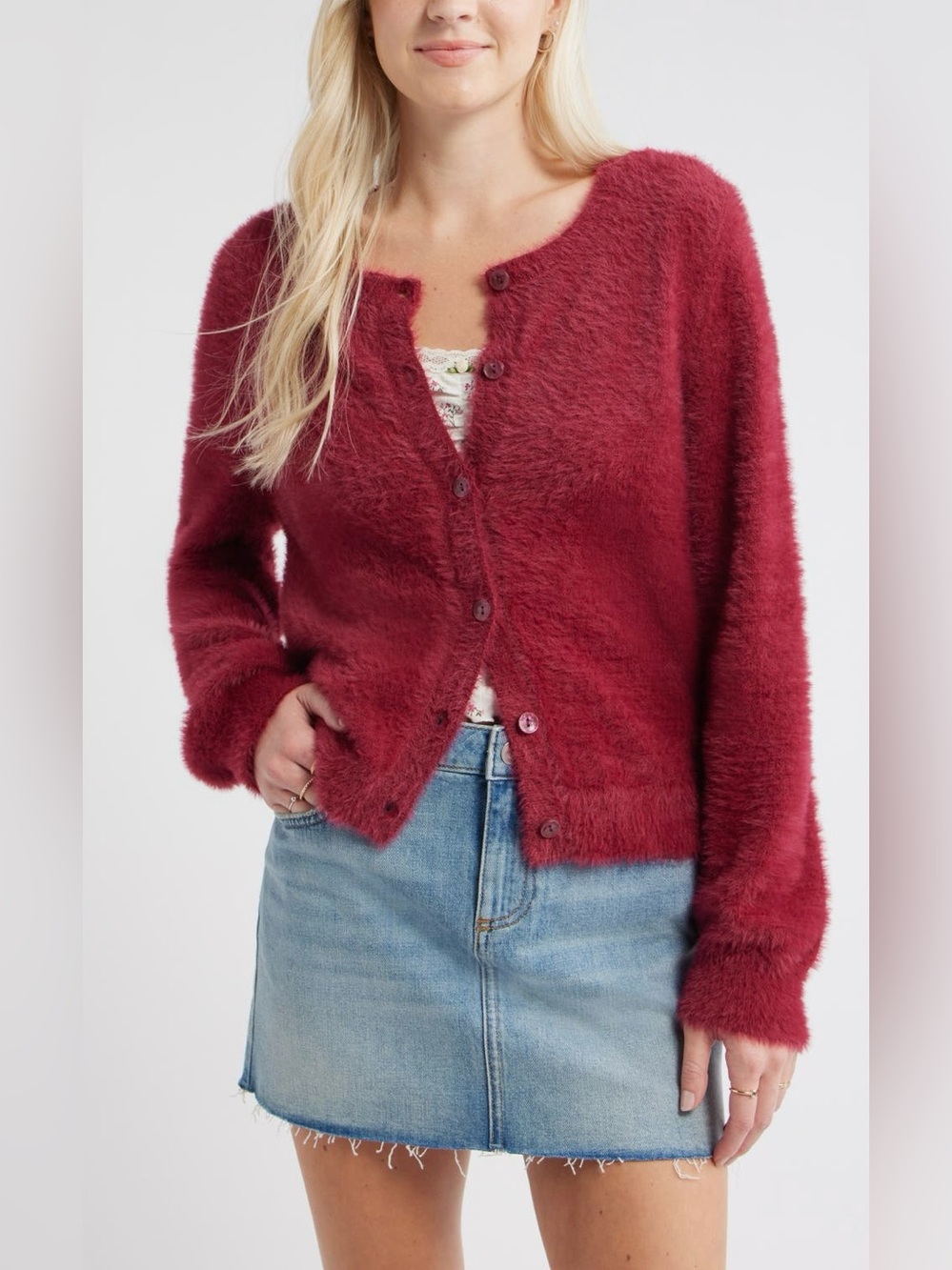 bp Fuzzy Scoop Neck Cardigan in Burgundy Beet